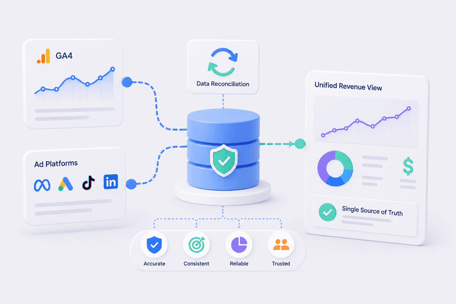 Attribution Reconciliation. We align GA4 with your actual revenue data