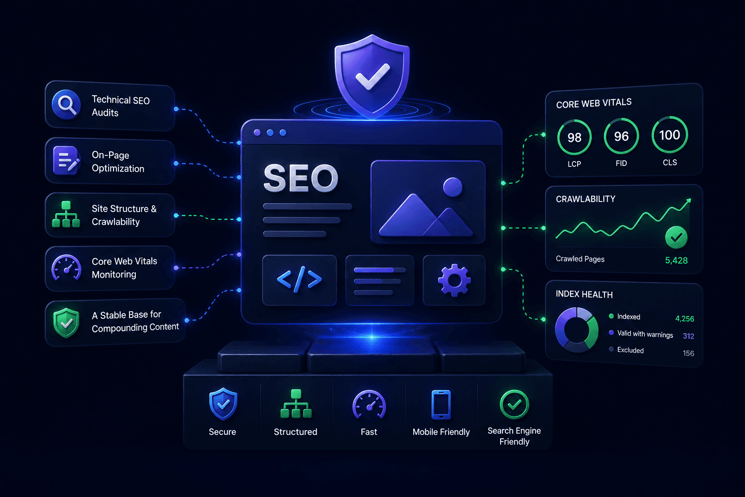 Technical & On-Page SEO. We handle the technical foundation rankings depend on