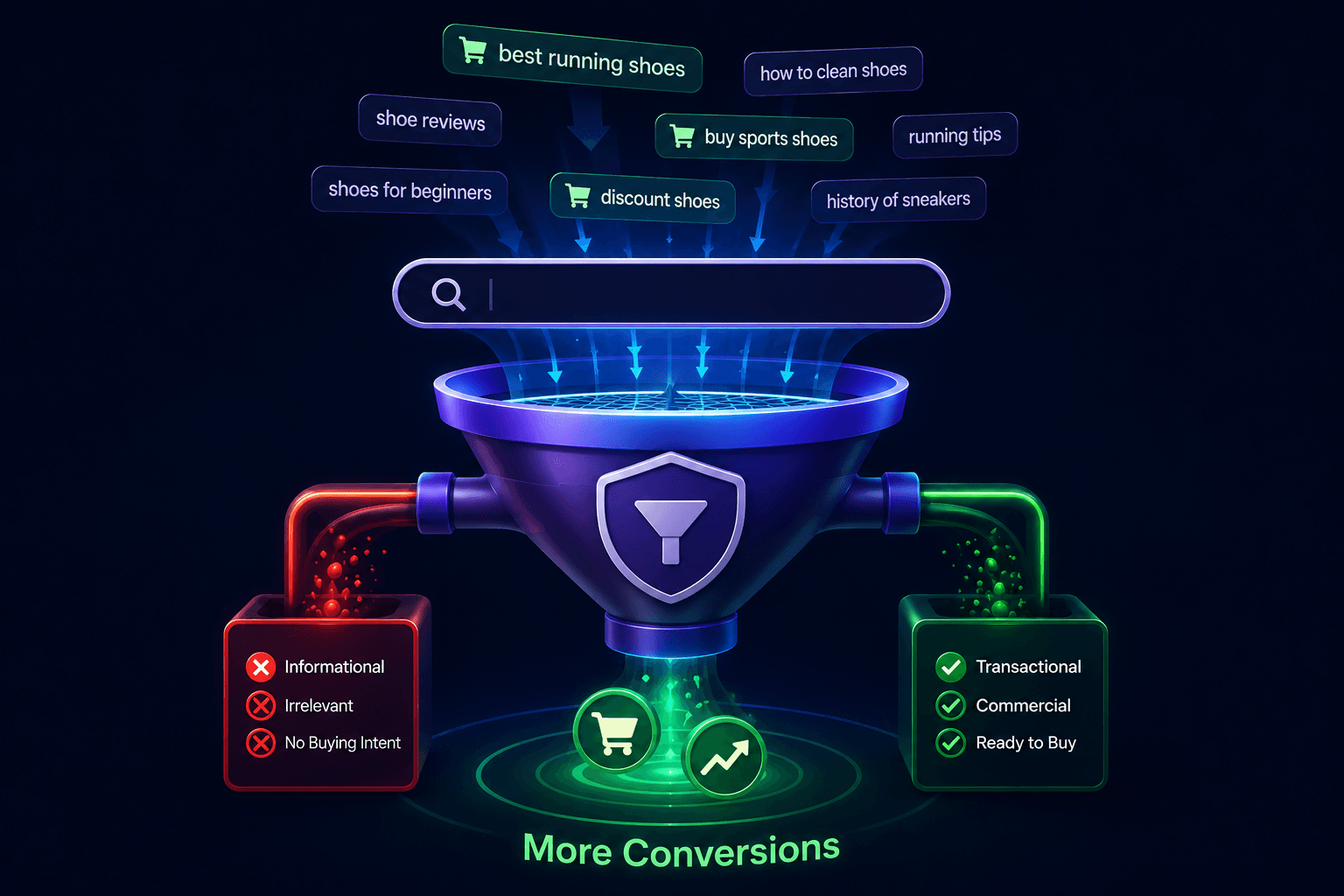 Search Intent Filtering. We separate real buying intent from informational clicks